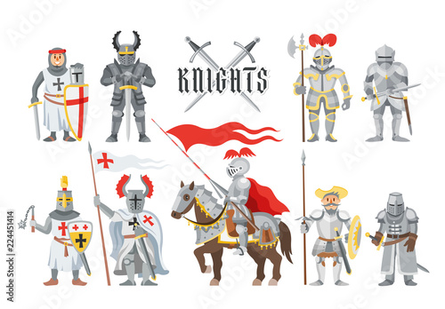 Knight vector medieval knighthood and knightly character people with helmet armor and knightage sword illustration set of chivalry man on horse isolated on white background