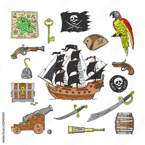 Piratic vector pirating sailboat and parrot character of pirot or buccaneer illustration set of piracy signs hat or sword and ship with black sails isolated on white background photo