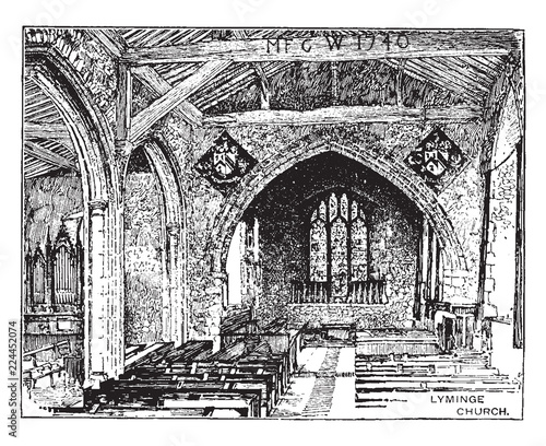 Lyminge Church, village in southeast Kent, England,  cathedral sanctuary church, place of worship, vintage engraving.