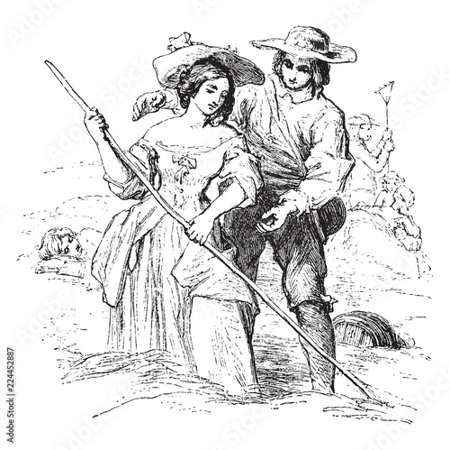Haymaking is a painting by William Mulready, vintage engraving.