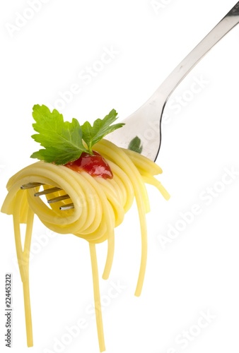 Spaghetti on a Fork with Tomato Sauce and Parsley