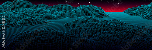 Neon grid landscape and mountains with 80s arcade game style