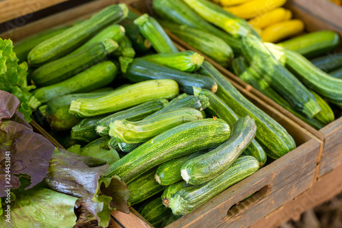 Box of cucumbers sitting at a farm stand in Mendocino, California