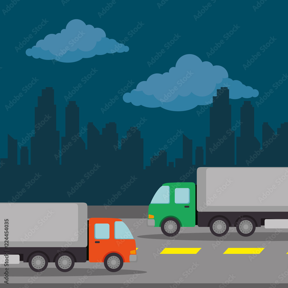 urban road with trucks scenery icon