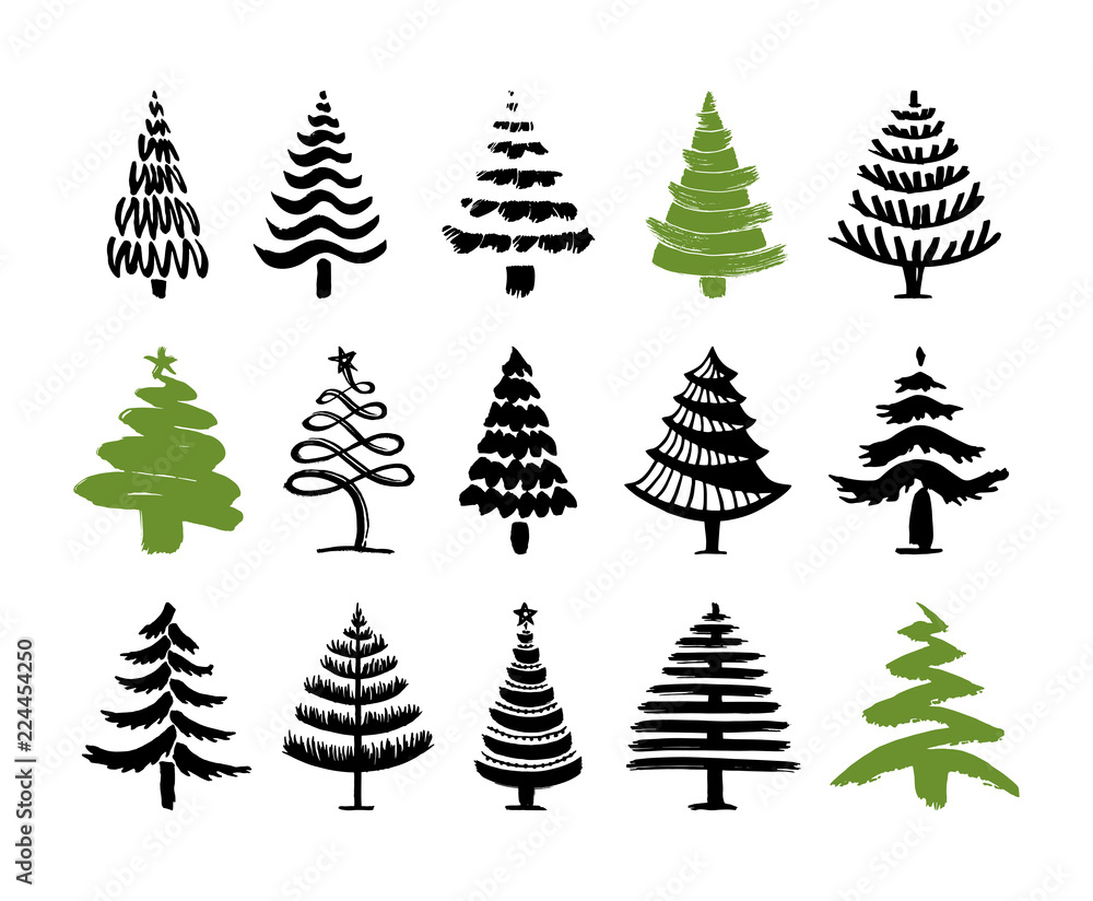Obraz premium Hand drawn christmas tree set isolated on a white background. Ink vector illustration. Modern brush calligraphy.