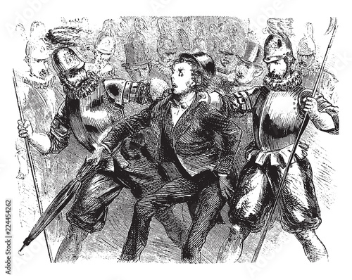 Guards Escorting Man, vintage illustration