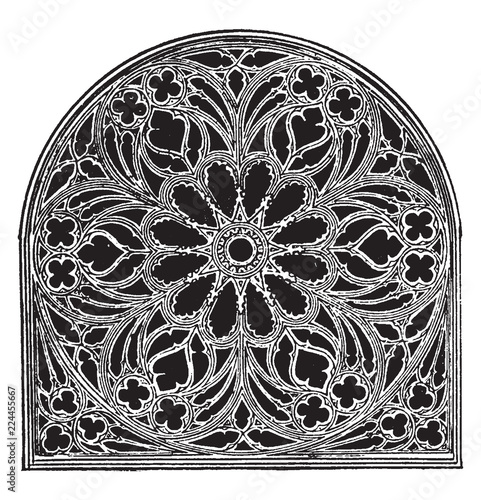 Rose Window, Church of St. Ouen, exterior of the cathedral,  vintage engraving.