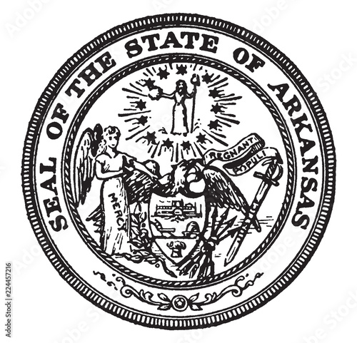 The Seal of the State of Arkansas, the seal shows Mercy, vintage illustration