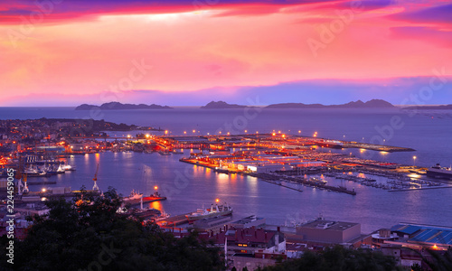 Vigo skyline and port sunset in Galicia Spain