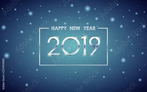 Silver Happy new year 2019 in square label with glowing glitter on blue color background