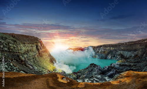 Panorama Nature Landscape View of Blue Lake , Kawah Ijen Volcano in Sunrise Time - Popular Landmark in Indonesia