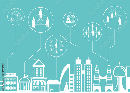 people network icons with city skyline background