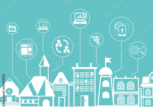 social network icons with city skyline background