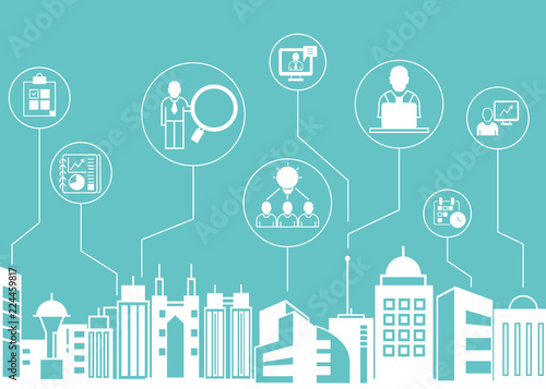 business management icons with city skyline background