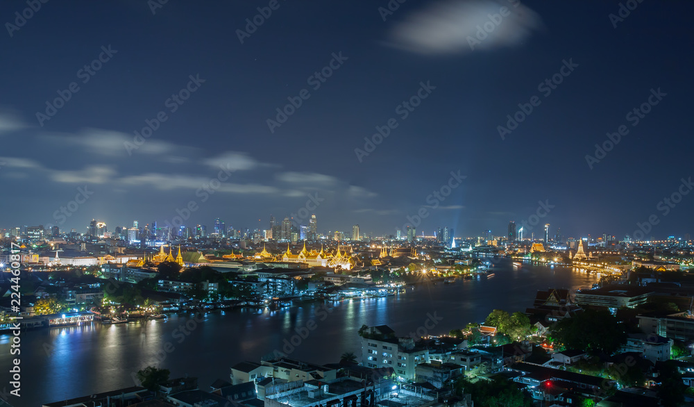 Chao Phraya River, Bangkok at night, overlooking the Grand Palace.