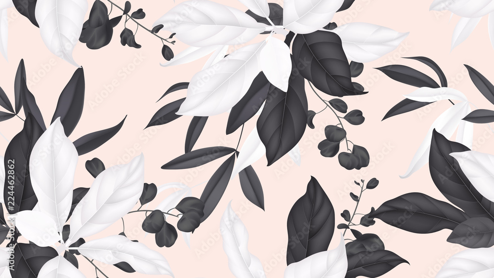Floral seamless pattern, black and white magnolia leaves, eucalyptus leaves on light orange background