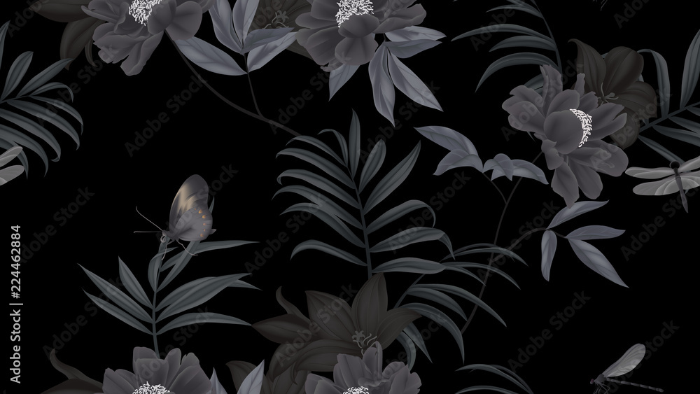 Obraz premium Kwiatowy wzór, czarne kwiaty paenia lactiflora, kwiaty balon, liście palmowe, motyl, ważka na czarnym tle