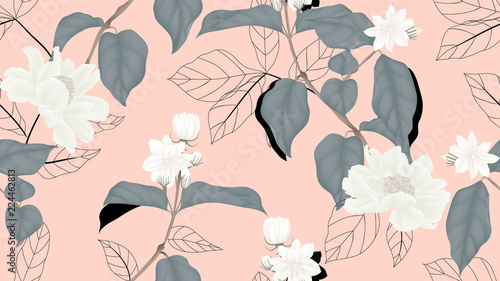 Floral seamless pattern, white jasmine flowers, paenia lactiflora flowers with black outline leaves on light red background