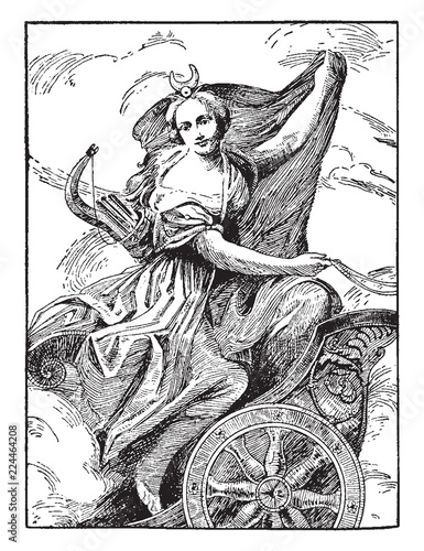 Diana or Artemis from the painting by Antonio da Correggio, vintage engraving.