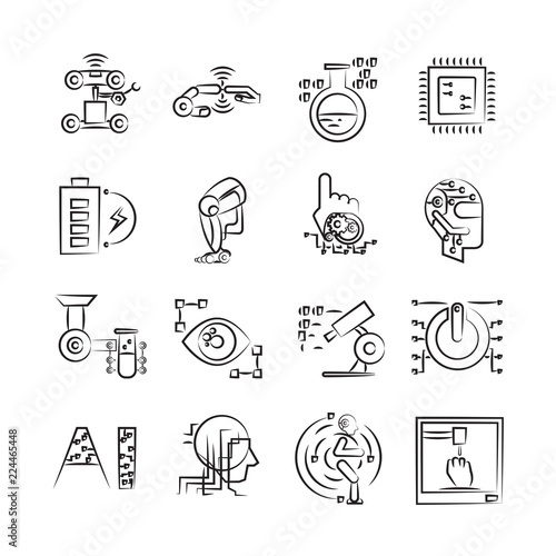hand drawn robotics and artificial intelligence icon set