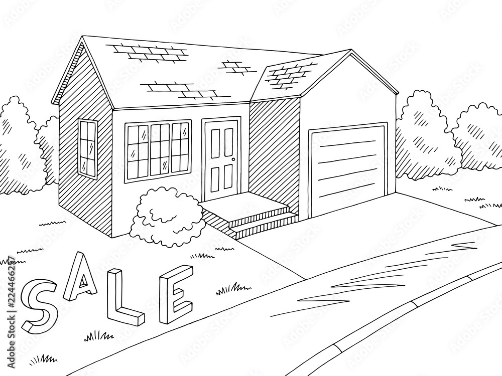 House for sale exterior graphic black white sketch illustration vector