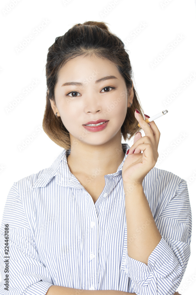 Chinese woman wearing dress and smoking cigarette isolated white background Chinese woman wearing dress and smoking cigarette isolated white background