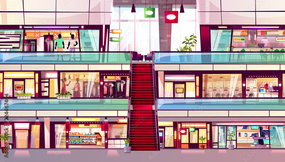 Mall shop vector illustration of shopping store interior with escalator in middle. Multistory trade center with retail sale in men and women fashion boutiques, grocery and food court cafe