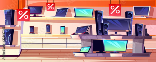Electronics store vector illustration of consumer appliances shop department interior in trade mall. Sale for digital mobile phones, computers or TV and audio system on shelves display