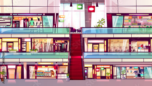 Mall shop vector illustration of shopping store interior with escalator in middle. Multistory trade center with retail sale in men and women fashion boutiques, grocery and food court cafe © vectorpouch