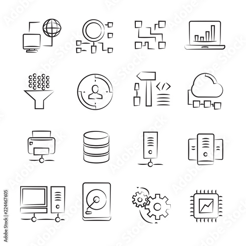 hand drawn network and database icon set