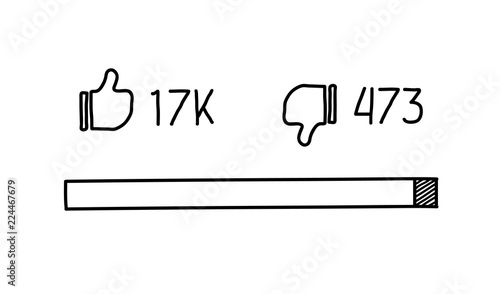 Thumb Up and Thumb Down, Likes and Dislikes rating on a social media doodle illustration