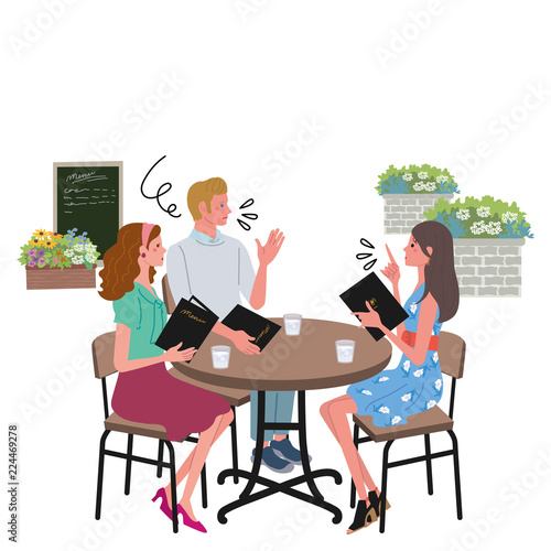 カフェ　会話　男女　イラスト
