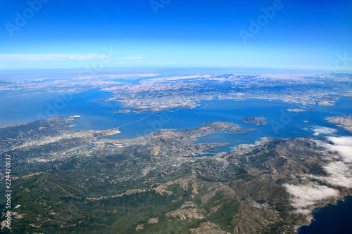     Aerial View of  San Francisco Bay Area  Looking south towards Downtown San Francisco  Sausalito  Belvedere  Bay Bridge with Oakland in the distance. 