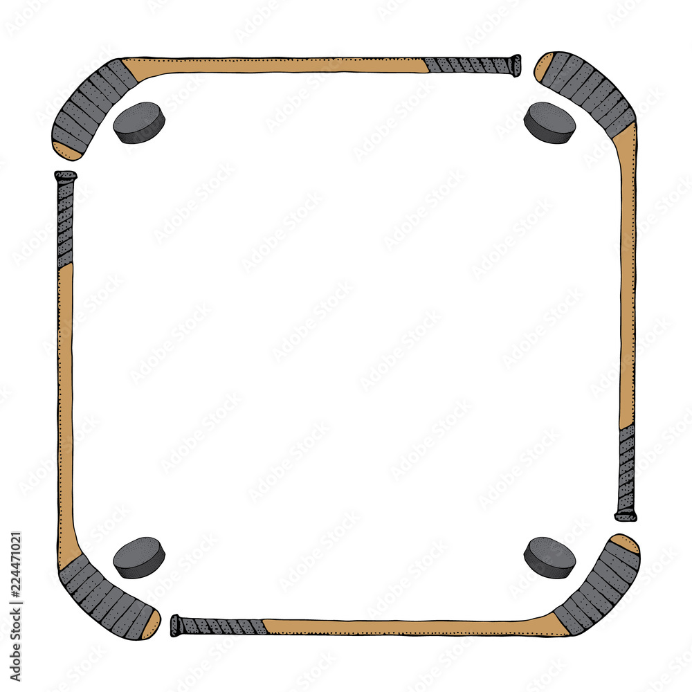 Ice Hockey stick with puck. Sports Vector frame isolated on white  background. Ice hockey sports equipment. Hand drawn stick in cartoon  style.. Stock Vector | Adobe Stock