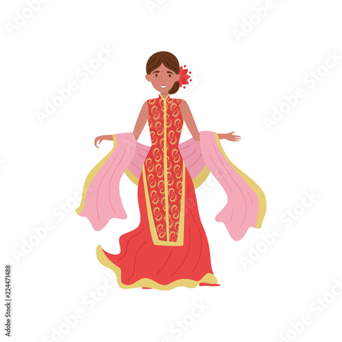 Beautiful Indian woman in traditional red dress vector Illustration on a white background