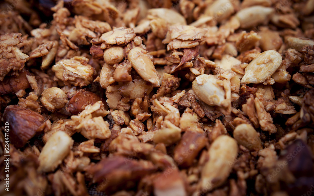 Healthy Snack, Meal. Freshly Toasted Organic Homemade Granola Cereal, Muesli Mixed With Honey, Nuts. Healthy Snack, Meal. Freshly Toasted Organic Homemade Granola Cereal, Muesli Mixed With Honey, Nuts.