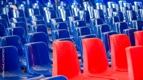 Rows Of Red And Blue Empty Plastic Seats At The Event. Blue Wave, Democratic Election Concept.