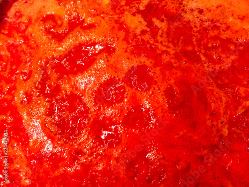 Closeup of boiling tomato sauce in a saucepan on the stove. © Andrii A