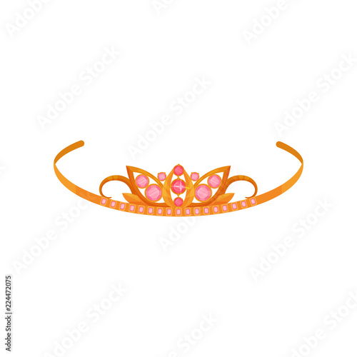 Golden tiara with pink gemstones, fashionable jewelry vector Illustration on a white background