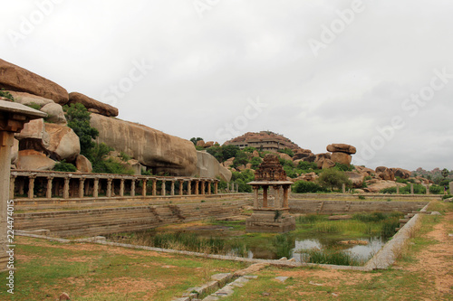 Khrisna Bazaar, pillars, and a pond in Hampi. photo