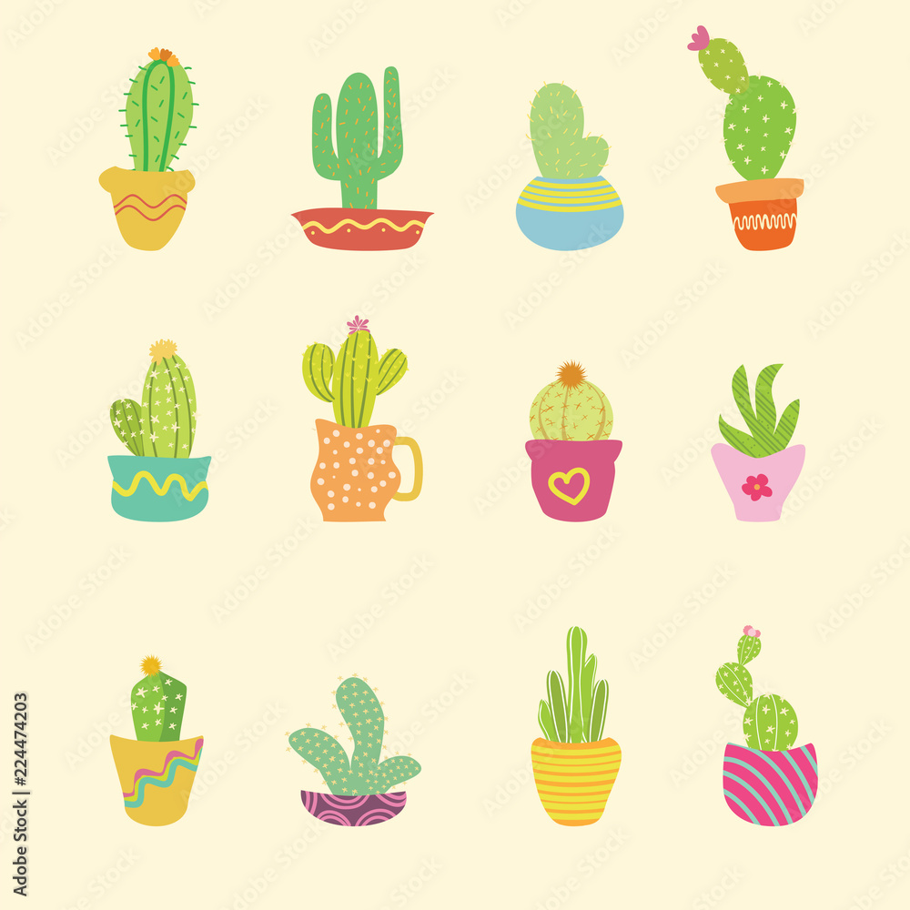 Hand drawn cactus with doodle style and colorful Hand drawn cactus with doodle style and colorful