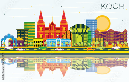 Kochi India City Skyline with Color Buildings, Blue Sky and Reflections.