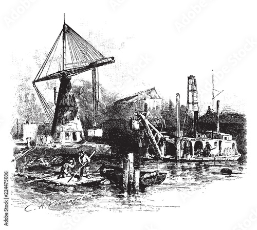 Dredging Boat and Derrick, vintage illustration.