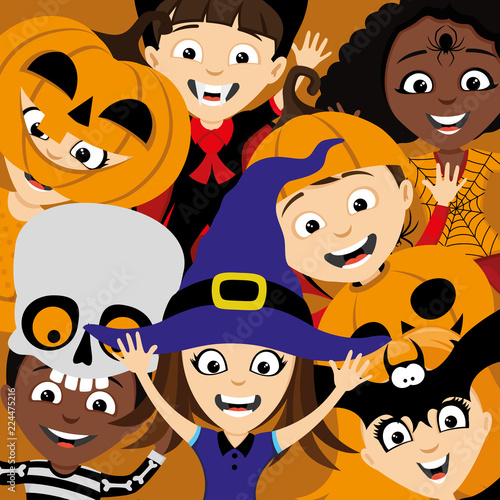 Children in costumes for Halloween on an orange background.