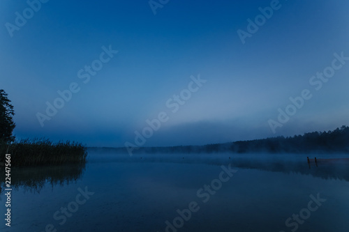 Fog over the lake, twilight over the lake, very dense fog, dawn, blue sky over the lake, the morning comes, the forest reflects in the water, surface water, clear morning sky, gothic, Grim picture