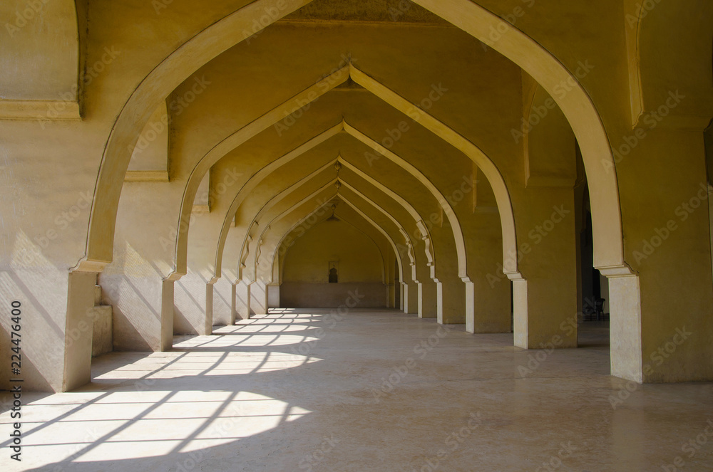 Long interior architectural view of Jama Masjid, Gulbarga, Karnataka