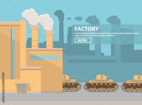 Factory on production and assembly of military equipment of armored fighting vehicles of tanks guns and towers.Industrial building manufactory of conveyor assembly of army equipment.In flat vector.