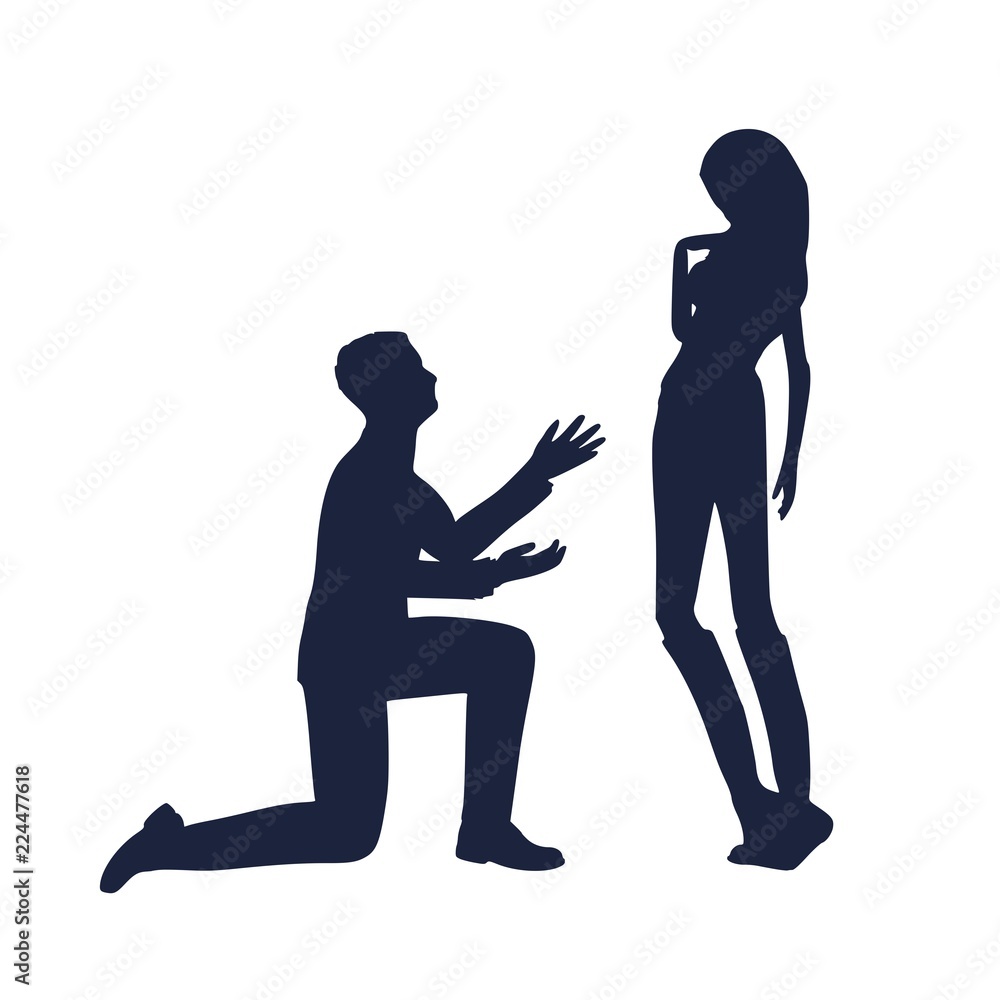 Silhouette of man in prayer pose. Man asking woman to marry him.