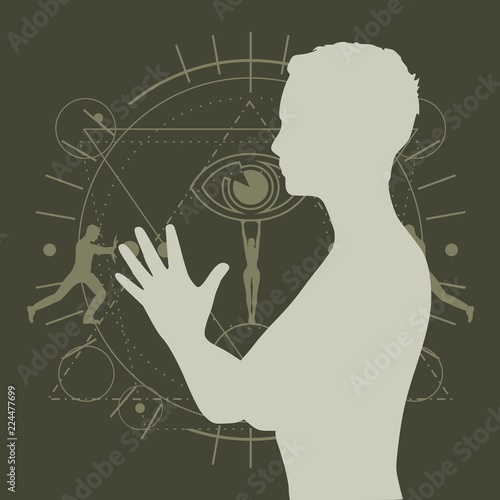Woman folded his hands in prayer. Lady silhouette. Short hair. Linear alchemy, occult, philosophical sign on backdrop