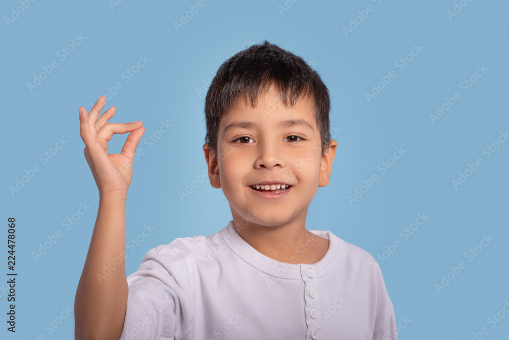 Close up emotional portrait of little boy wearing a white shirt on blue background in studio. He is smiling showing fingers gesture OK, Close up emotional portrait of little boy wearing a white shirt on blue background in studio. He is smiling showing fingers gesture OK,